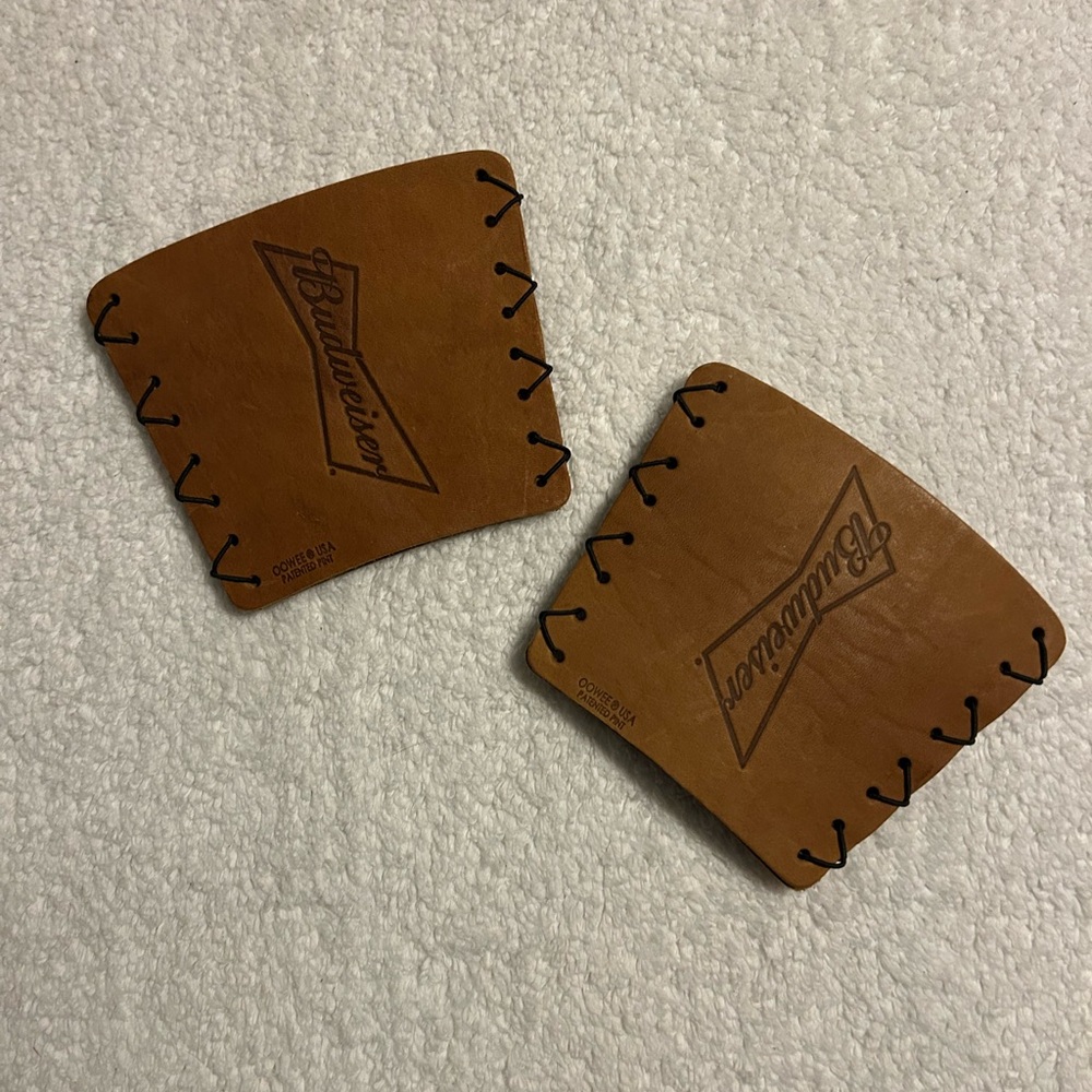Set of 2 Vintage Budweiser Brown Leather Cozees